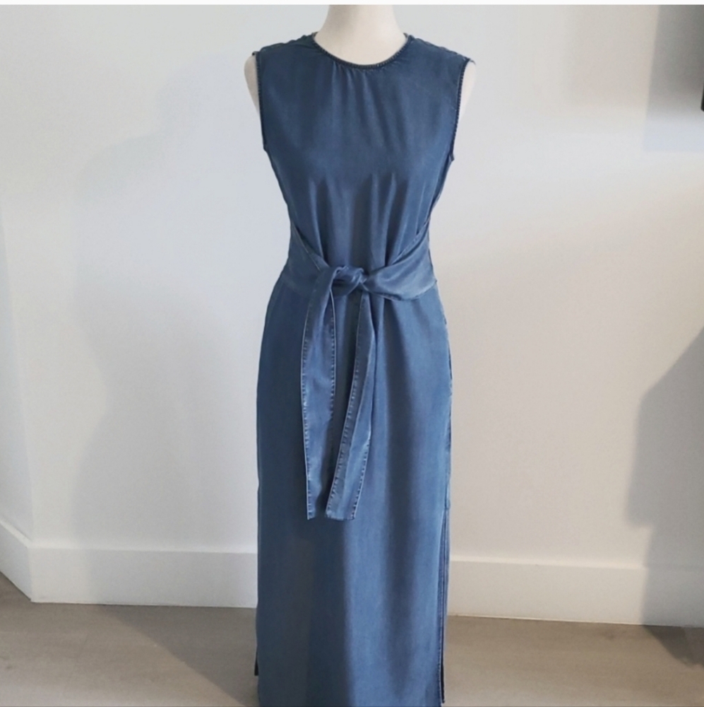 ZARA Sleeveless Blue Dress with Waist Tie size xs